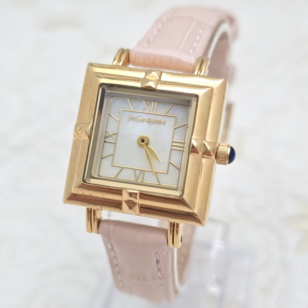 YSL Yves Saint Laurent Tank Watch 23mm Case Art Deco Mother of Pearl Pink Strap - Picture 11 of 11